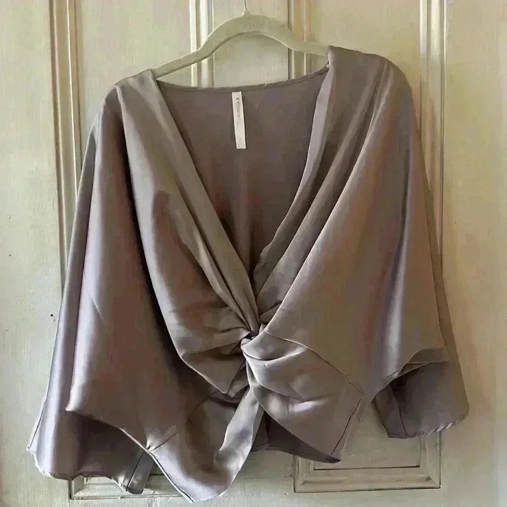 Renee C Plunge Neck Twisted Knot Satin Top - Picture 2 of 6
